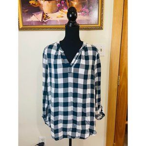 Time & Tru Turquoise Plaid V-Neck Custom Fall Graphic Blouse Size M 8-10